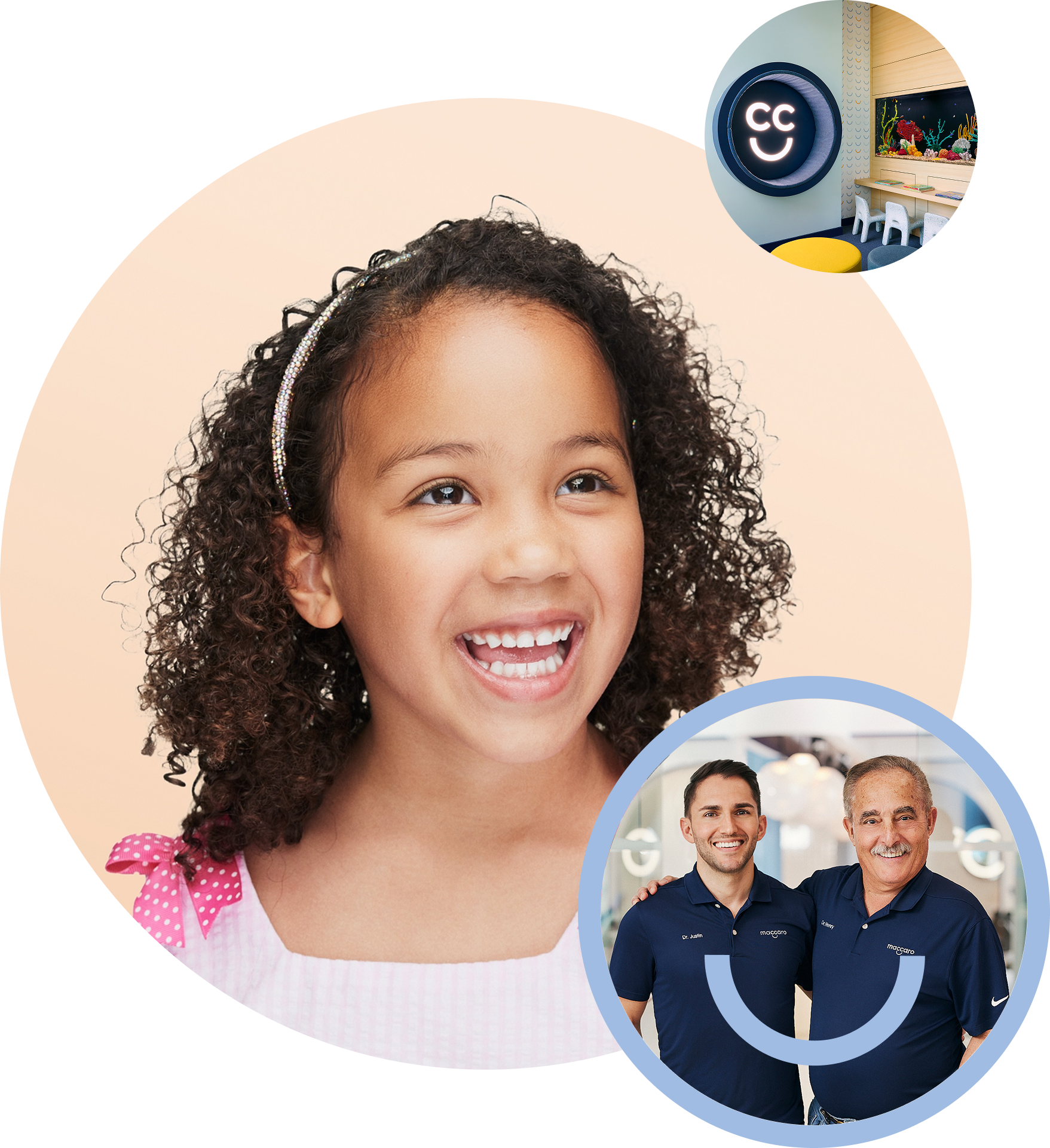 a maccaro pediatric dentistry collage with a happy litttle girl the doctors and an image of the play center