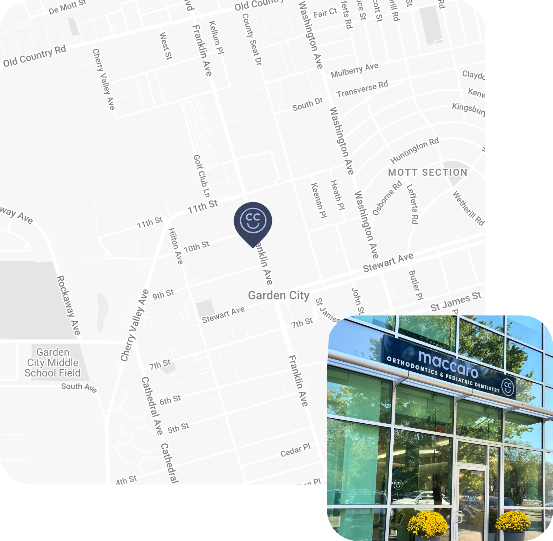 a collage of maccaro orthodontics with a map and picture of the outside of the practice.